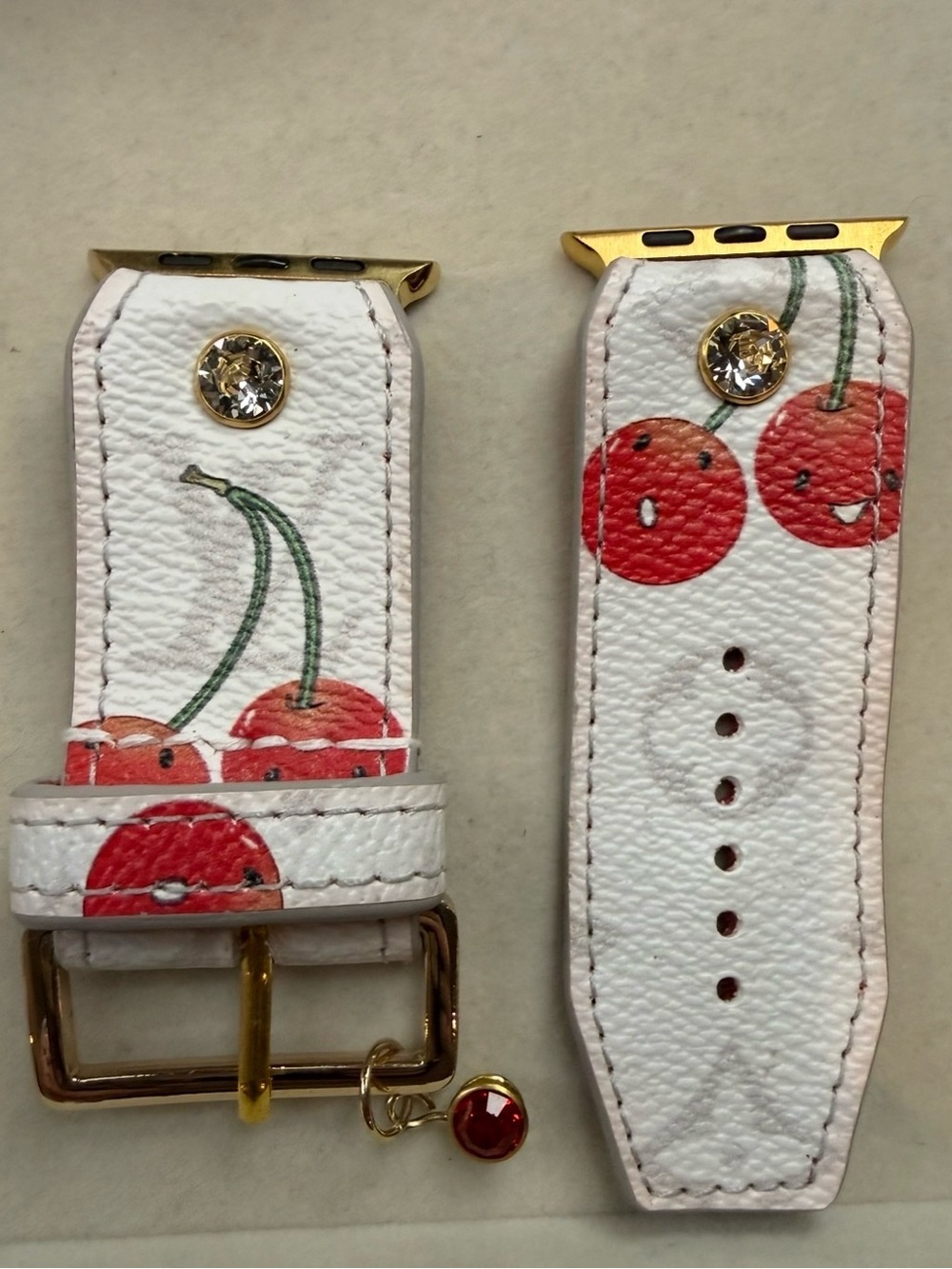 White Cherry Print Leather Apple compatible Watch Band with Gold Hardware